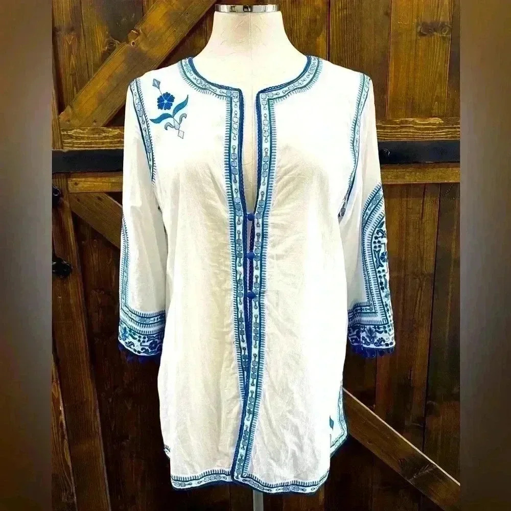 Soft Surroundings White & Blue Embroidered 100% Cotton Mediterranean Tunic LP